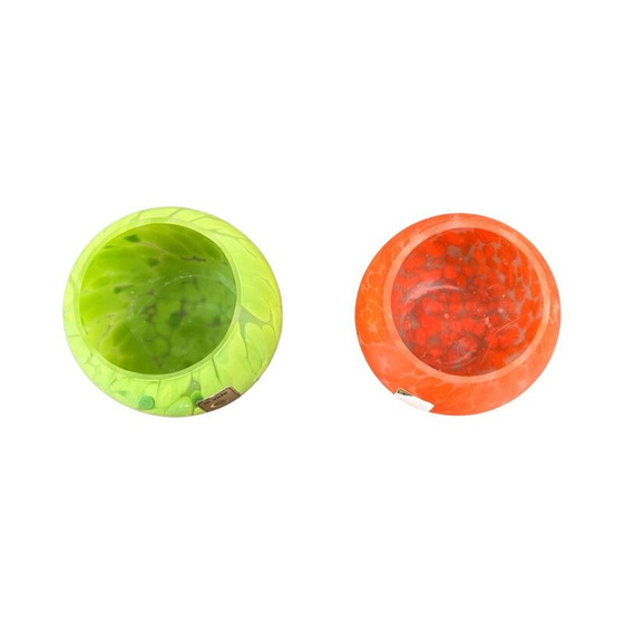 Image 1 of Paire de porte-bougies à réchaud en verre teinté orange et vert pour La Vida, 1980