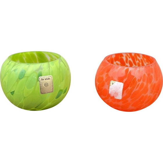 Image 1 of Paire de porte-bougies à réchaud en verre teinté orange et vert pour La Vida, 1980