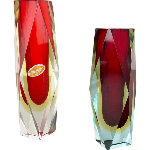 Paire de vases Sommerso en verre de Murano facetté par Flavio Poli, Italie, années 1970
