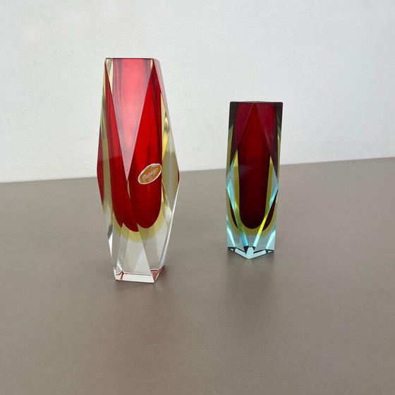 Image 1 of Paire de vases Sommerso en verre de Murano facetté par Flavio Poli, Italie, années 1970