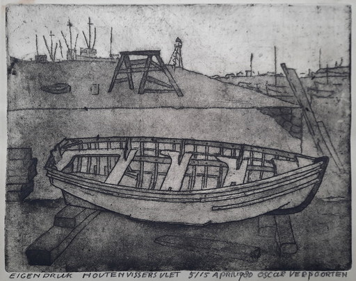 Pêche en bois Vlet 5/15 - Gravure Oscar Verpoorten - 1980