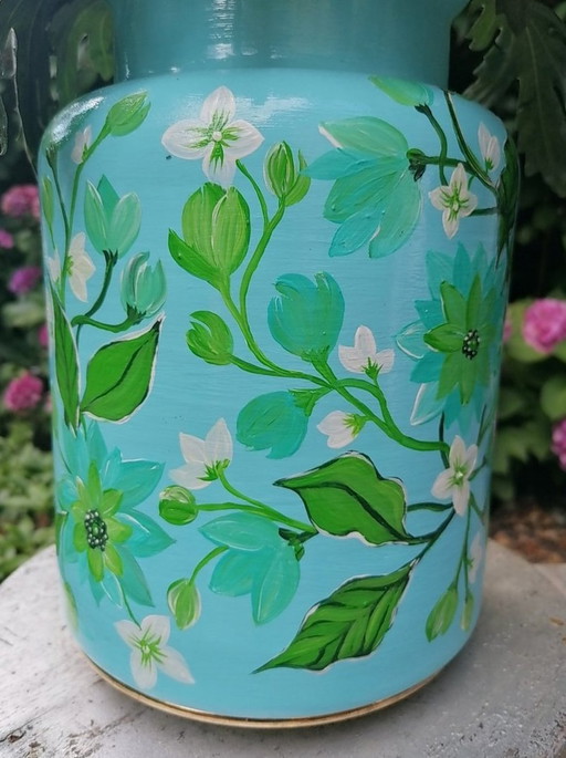 Vase peint à la main dans les tons bleu/vert, artiste Evalien Ritmeester