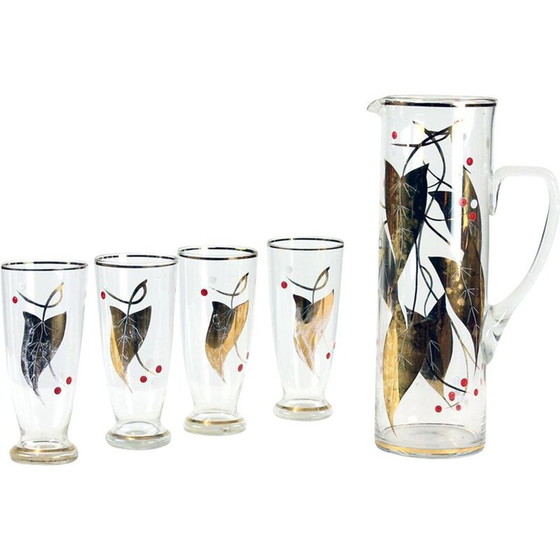 Image 1 of Ensemble de 4 verres et pichet vintage avec détails dorés, Tchèque 1960