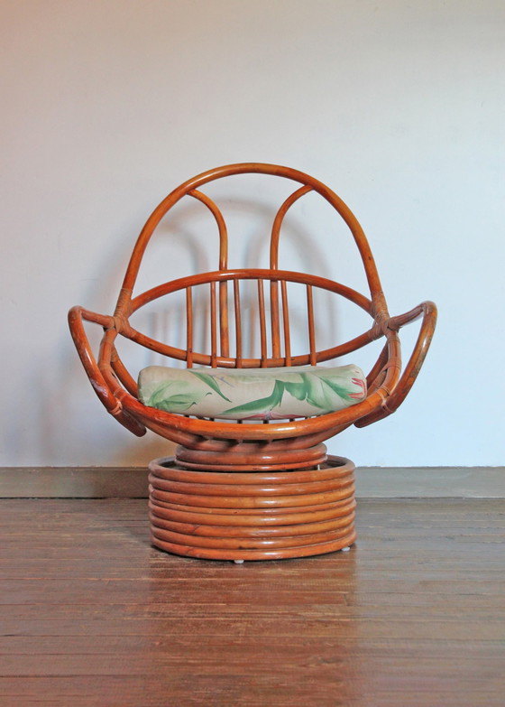 Image 1 of Fauteuil En Rotin, Inclinable Et Pivotant, Années 70