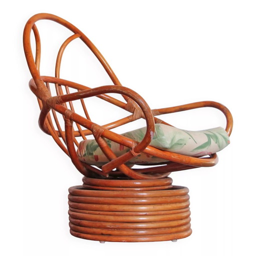 Fauteuil En Rotin, Inclinable Et Pivotant, Années 70