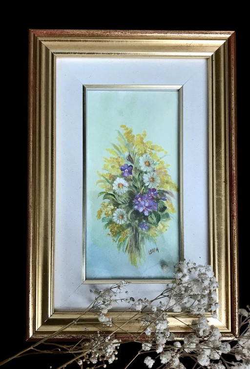 Aquarelle Encadrée Bouquet Marguerites Et Violettes