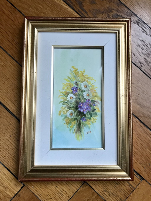 Aquarelle Encadrée Bouquet Marguerites Et Violettes