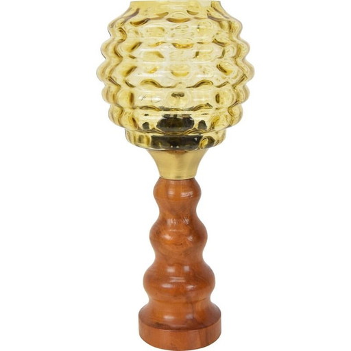 Lampe de table vintage en verre, bois et laiton, Tchécoslovaquie 1960