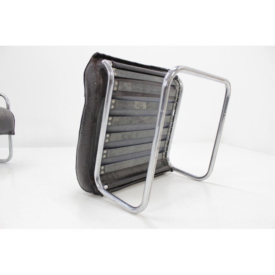 Image 1 of Ensemble vintage de fauteuil et pouf en cuir - années 1950