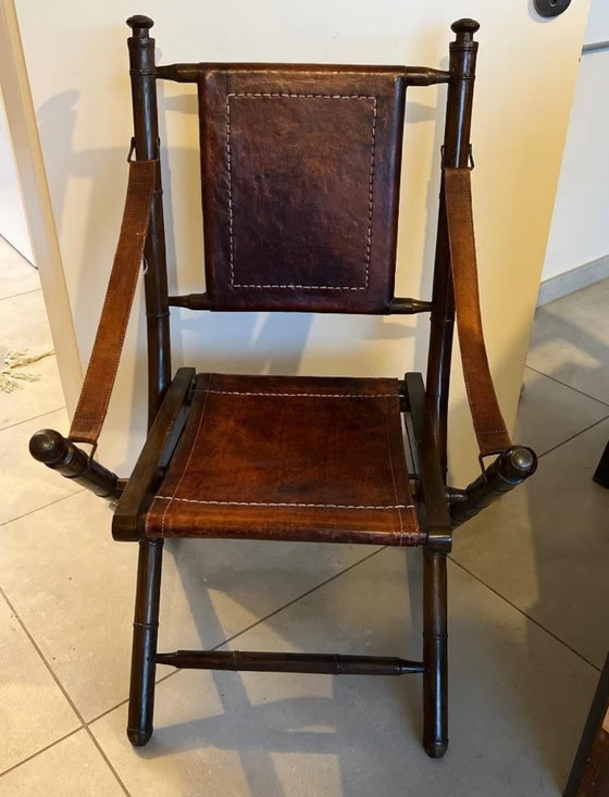 Image 1 of Fauteuil d'officier Bois - Cuir Marron foncé