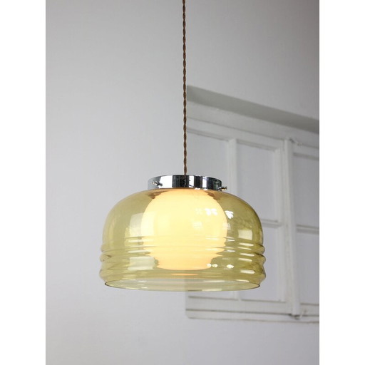 Lampe suspendue vintage en chrome et verre, Italie 1970