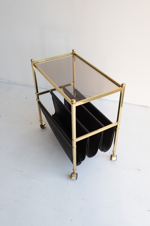 Table d'appoint vintage en laiton avec roulettes et support de lecture en cuir