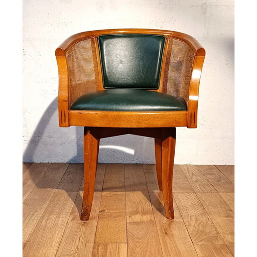 Fauteuil de bureau pivotant vintage en acajou et cuir vert