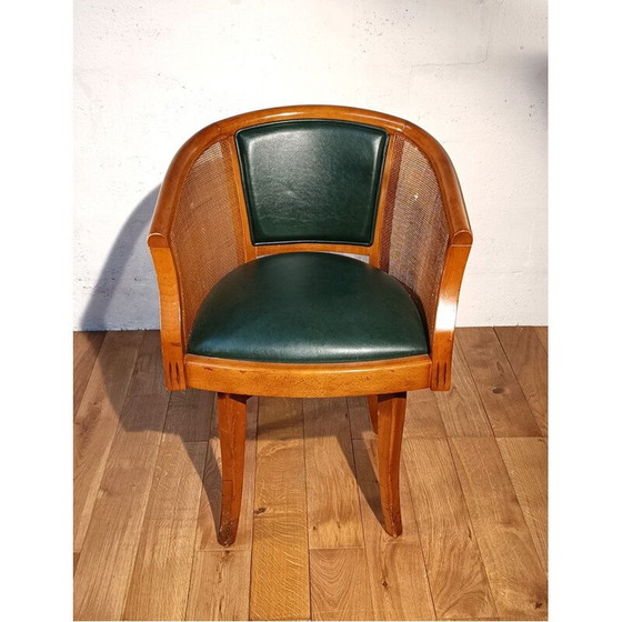 Image 1 of Fauteuil de bureau pivotant vintage en acajou et cuir vert