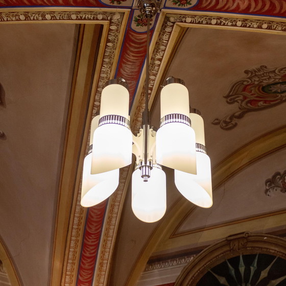 Image 1 of 1X Lustre moderniste en acier et Murano dans le style de l'âge de l'espace