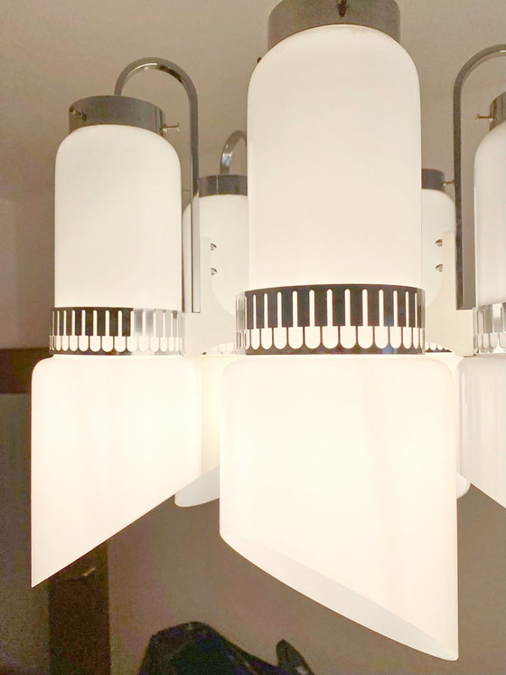 Image 1 of 1X Lustre moderniste en acier et Murano dans le style de l'âge de l'espace