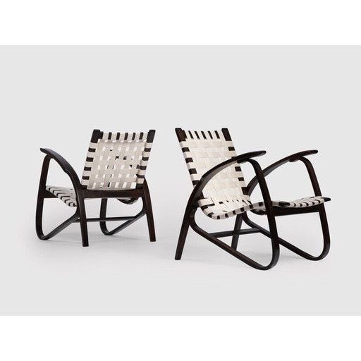 Paire de chaises longues vintage en bois de hêtre et sangles en toile par J. Vanek pour Up Zavody, Tchécoslovaquie 1930