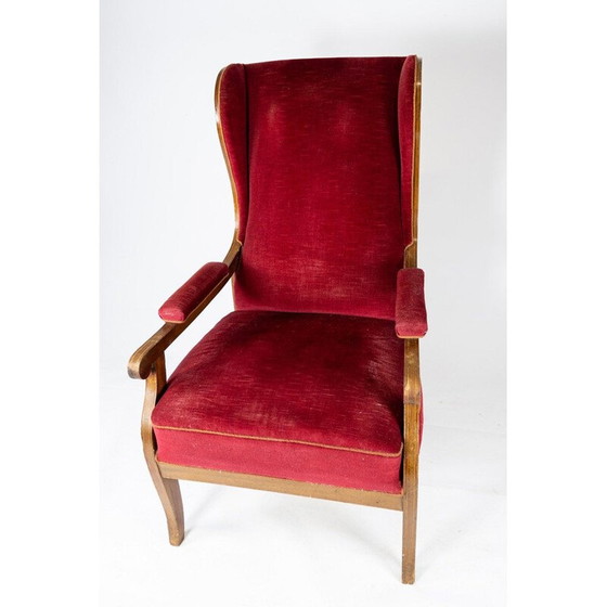 Image 1 of Fauteuil vintage tapissé de velours rouge et acajou par Frits Henningsen