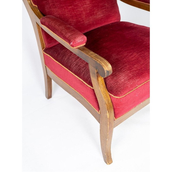 Image 1 of Fauteuil vintage tapissé de velours rouge et acajou par Frits Henningsen