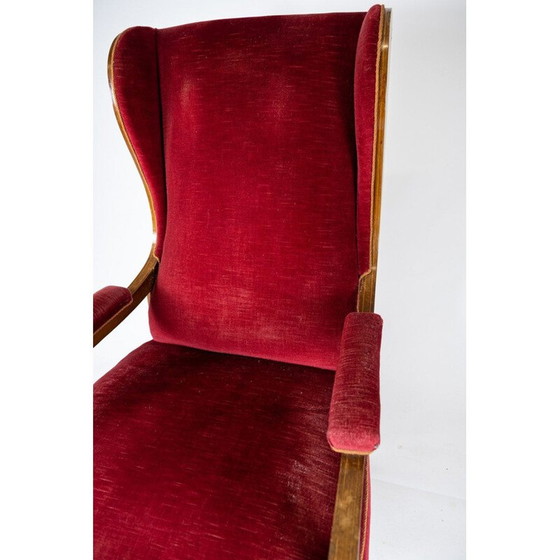 Image 1 of Fauteuil vintage tapissé de velours rouge et acajou par Frits Henningsen