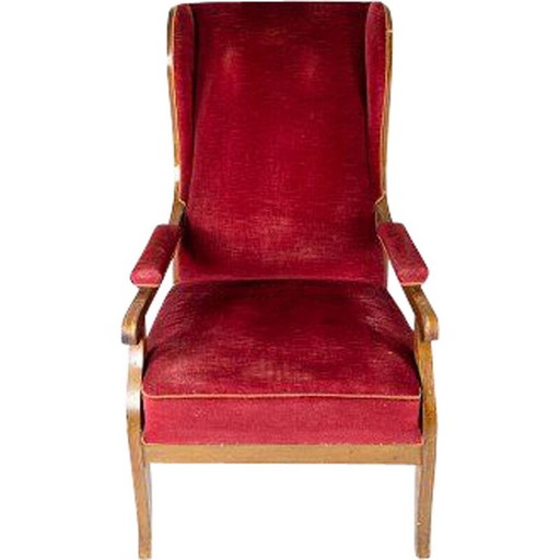 Fauteuil vintage tapissé de velours rouge et acajou par Frits Henningsen