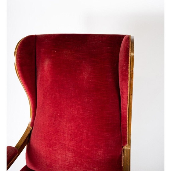 Image 1 of Fauteuil vintage tapissé de velours rouge et acajou par Frits Henningsen