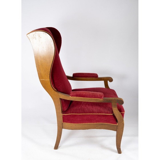 Image 1 of Fauteuil vintage tapissé de velours rouge et acajou par Frits Henningsen