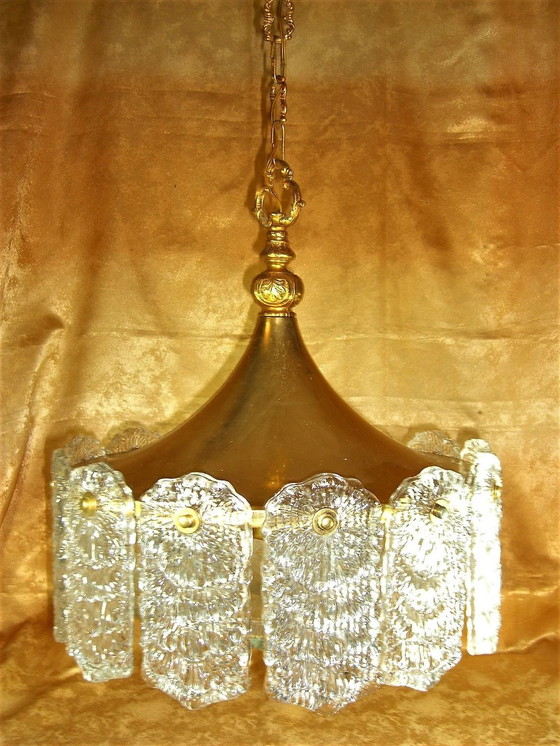 Image 1 of Plafonnier suspendu, Mid Century Modern, Art Deco, Laiton, Cristal, Hyper Vintage, Très rare