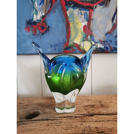 Image 1 of Vase vintage en verre dégradé bleu et vert de Murano, 1970