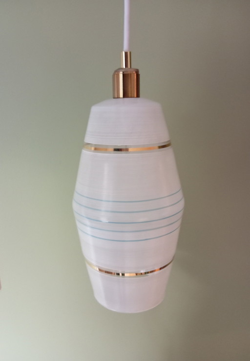 Luminaire Suspension Mid Century Verre Blanc Strié Doré Et Bleu Roi