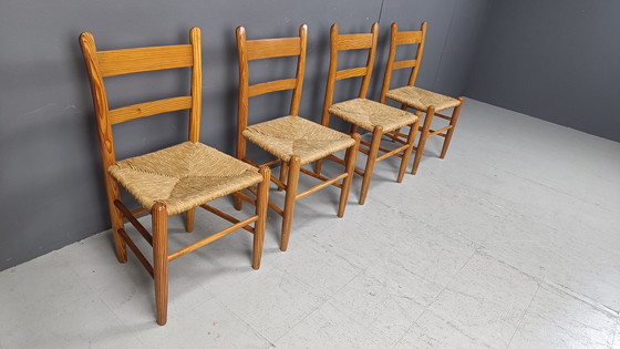 Image 1 of Chaises de salle à manger en chêne et osier Mid Century, ensemble de 4 - 1970S
