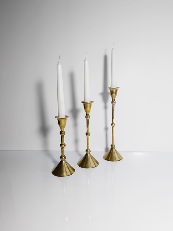 Image 1 of 3 X Set Vintage Laiton Bougeoir Mid Century Bougeoir Métal Or Classique 70Er 60Er 50Er