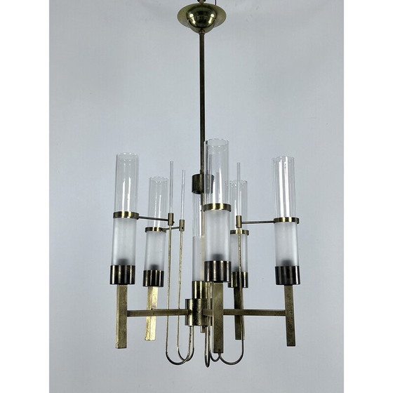 Image 1 of Lustre vintage en laiton et verre pour Sciolari, Italie 1960