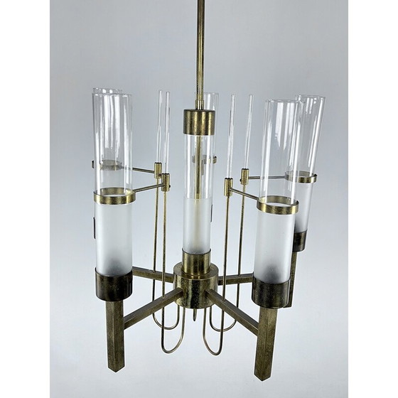 Image 1 of Lustre vintage en laiton et verre pour Sciolari, Italie 1960