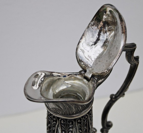 Image 1 of Aiguière Ancienne En Verre Cristal Et Métal Argent Ajouré – Vers 1930