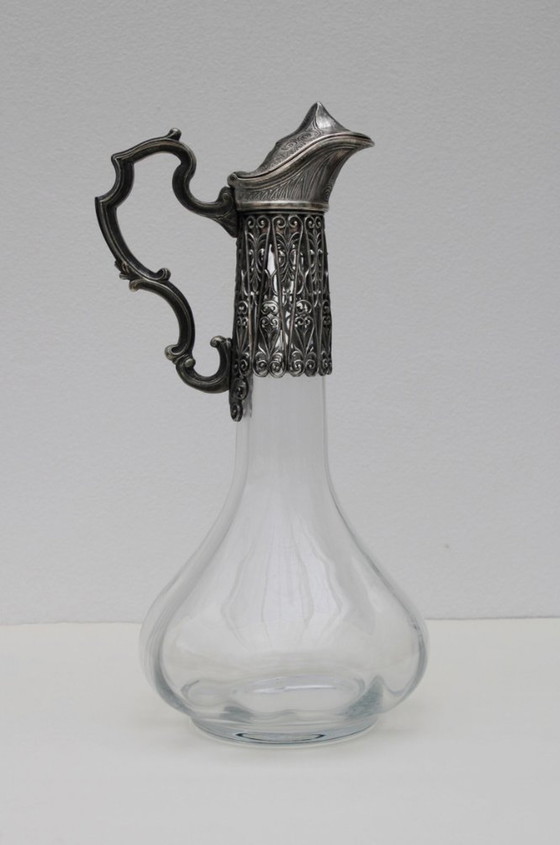 Image 1 of Aiguière Ancienne En Verre Cristal Et Métal Argent Ajouré – Vers 1930