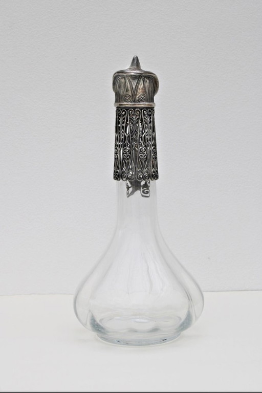 Aiguière Ancienne En Verre Cristal Et Métal Argent Ajouré – Vers 1930