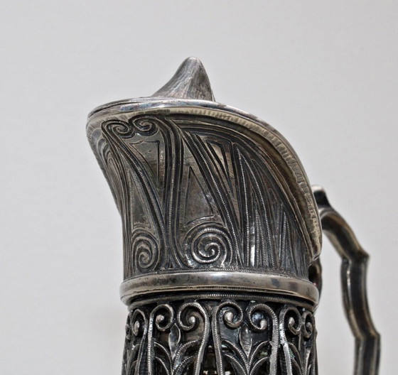 Image 1 of Aiguière Ancienne En Verre Cristal Et Métal Argent Ajouré – Vers 1930