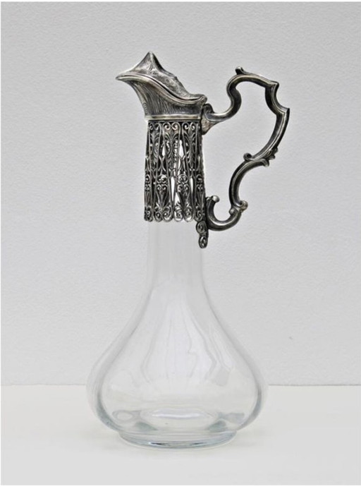 Aiguière Ancienne En Verre Cristal Et Métal Argent Ajouré – Vers 1930