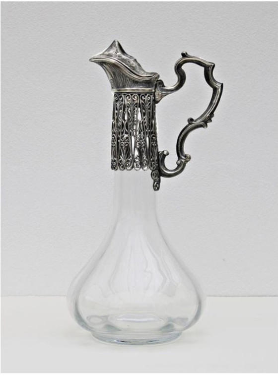 Image 1 of Aiguière Ancienne En Verre Cristal Et Métal Argent Ajouré – Vers 1930