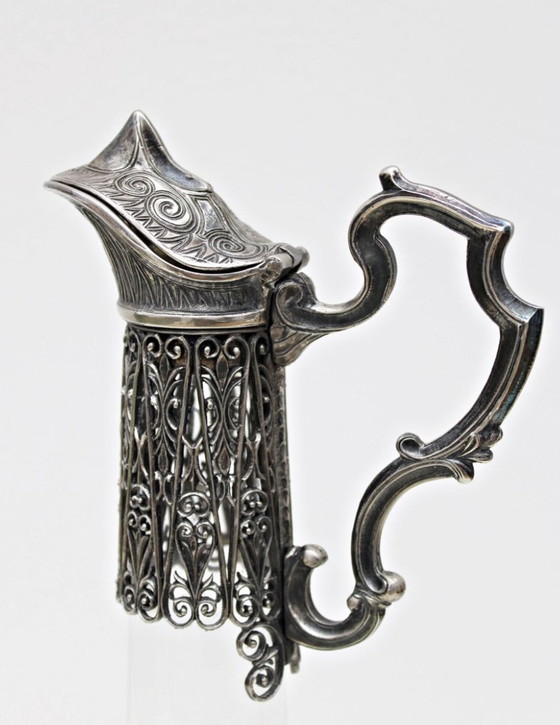 Image 1 of Aiguière Ancienne En Verre Cristal Et Métal Argent Ajouré – Vers 1930