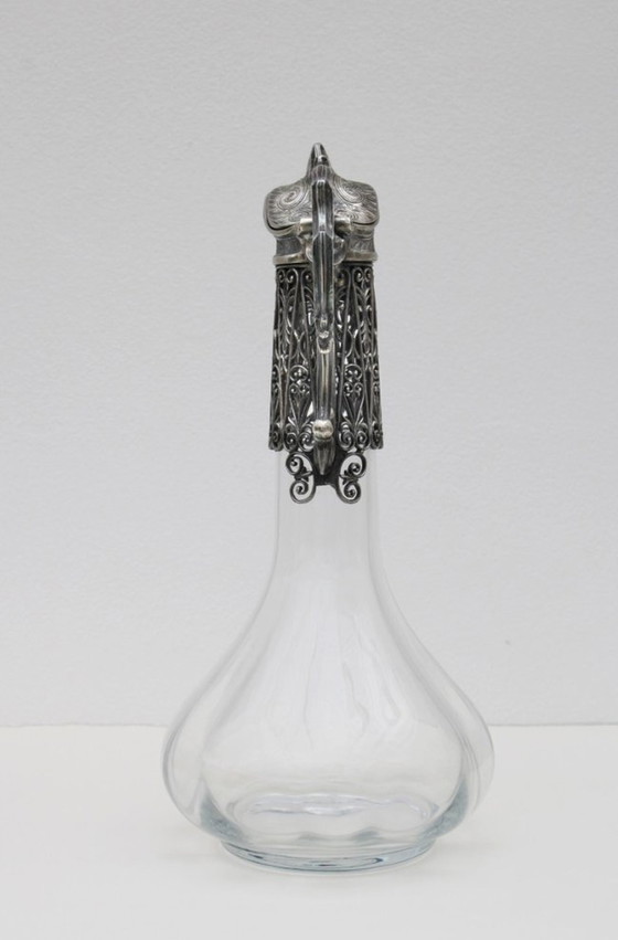 Image 1 of Aiguière Ancienne En Verre Cristal Et Métal Argent Ajouré – Vers 1930