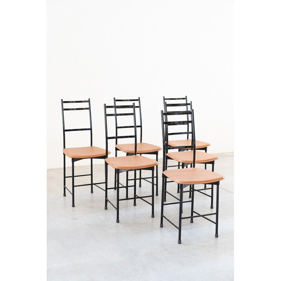 Image 1 of Ensemble de 6 chaises vintage en aluminium et cuir, 1980