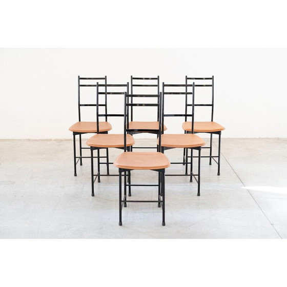 Image 1 of Ensemble de 6 chaises vintage en aluminium et cuir, 1980
