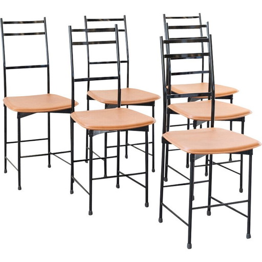 Ensemble de 6 chaises vintage en aluminium et cuir, 1980