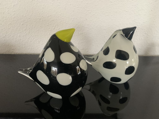 Deux oiseaux en sculpture de verre, noir et blanc