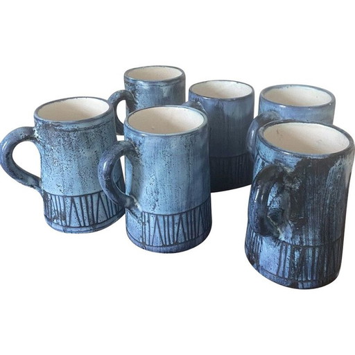 Ensemble de 6 mugs vintage de Jacques Pouchain pour l'Atelier Dieulefit, 1950