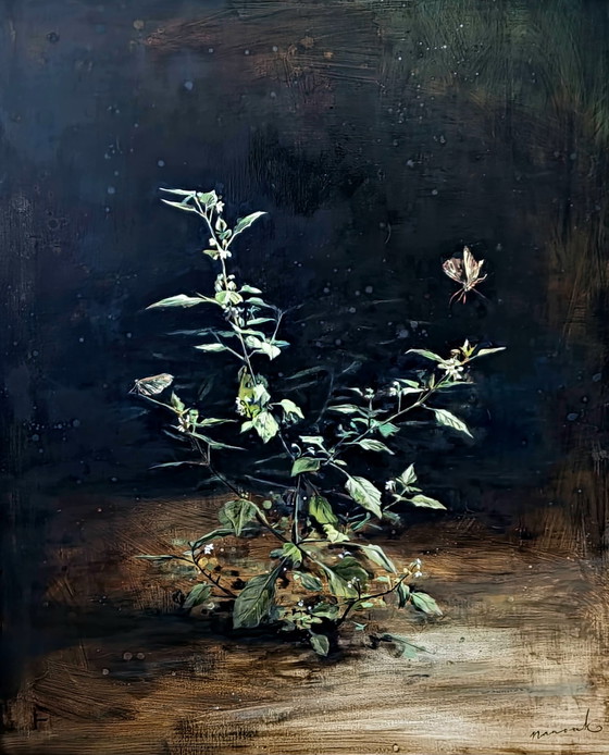 Image 1 of Peinture à l'huile Nightshade With Night Butterflies Par Nanouk Weijnen