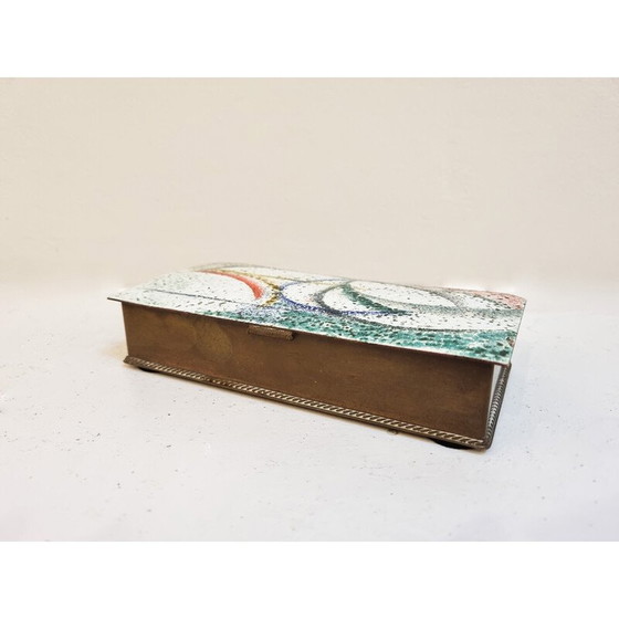 Image 1 of Boîte émaillée en bois et cuivre du milieu du siècle, années 1950