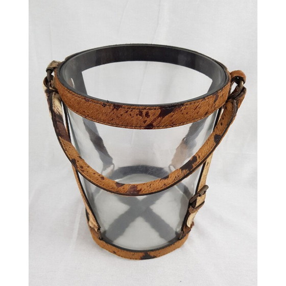 Image 1 of Seau à champagne vintage en verre, cuir et laiton par Poulain Piqué Sellier, 1930